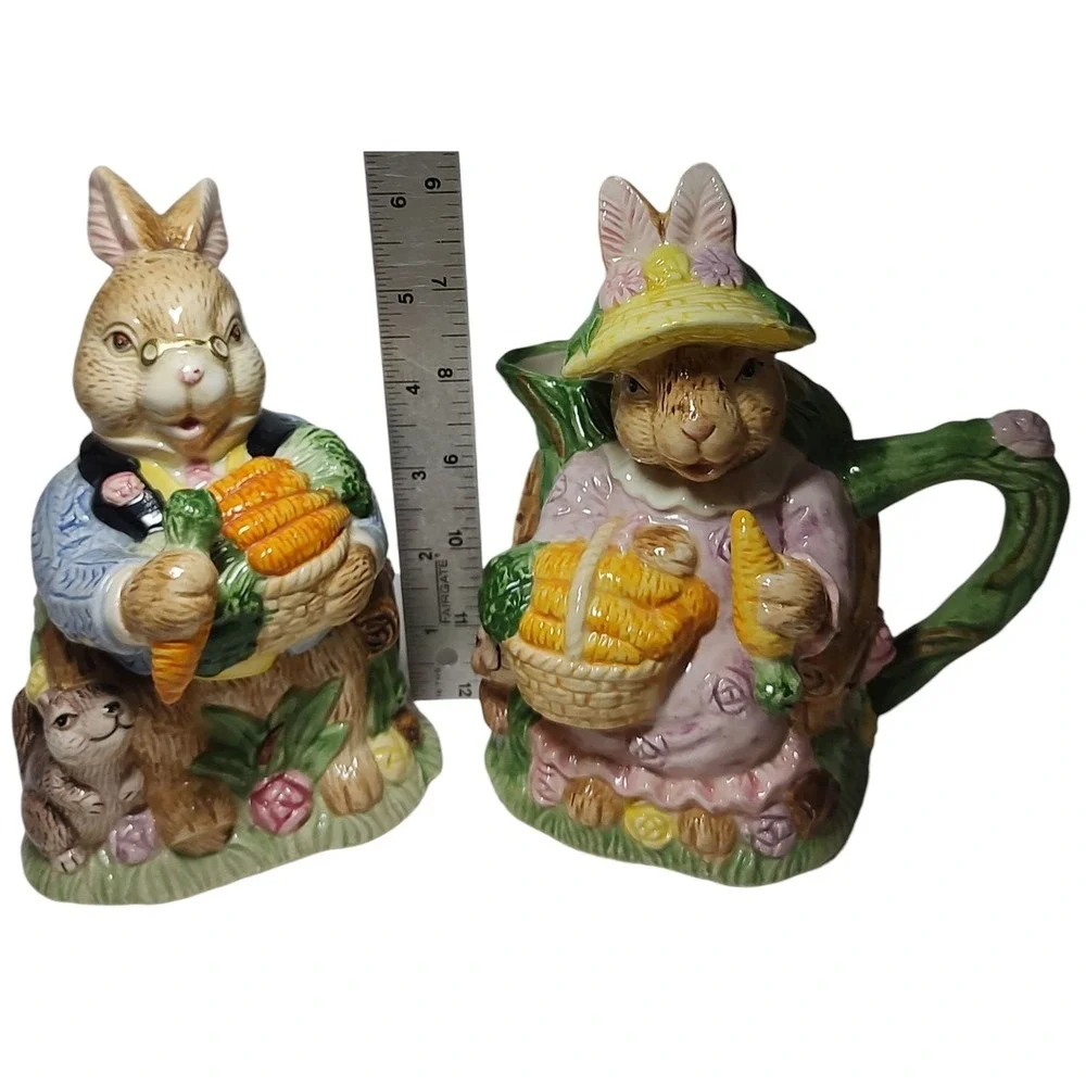 Fitz and Floyd Cream and Sugar Set Omnibus Grandma Grandpa Rabbits‎ 1993 READ